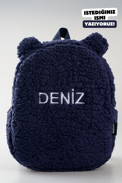 Minilee Navy Blue Plush Children's Backpack - 0-8 Years, Written with Embroidery