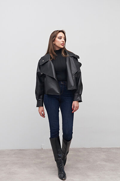 Rabia Çelik Γυναικείο δερμάτινο μπουφάν με μαύρη ζώνη με λεπτομέρεια τσέπης