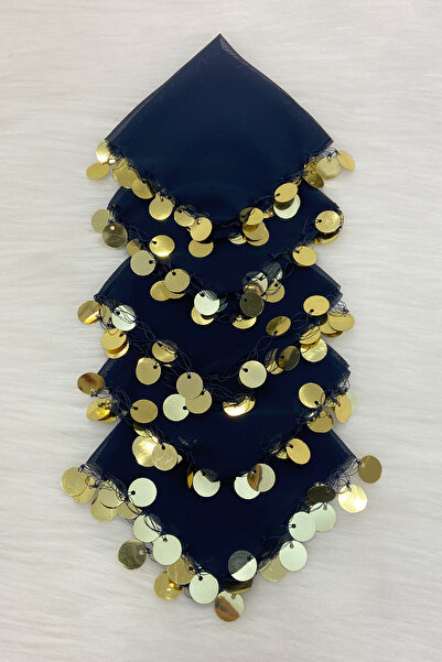 ZEYMERADE Lacivert Gold Şifon Halay Mendili 1 Adet, Gelin Damat Düğün Kına Sü...