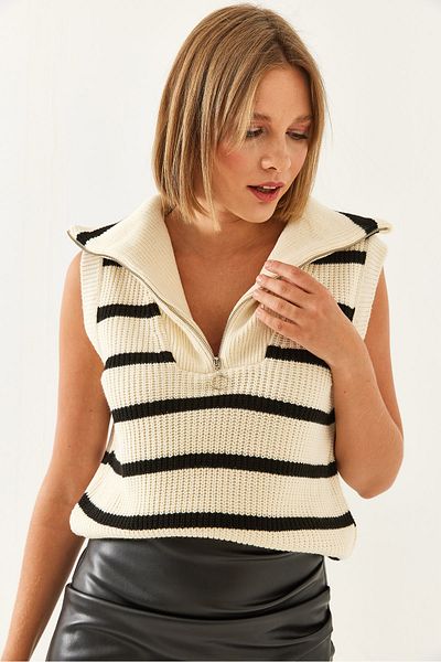 Bianco Lucci Gestreifter Pullover mit Rollkragen und Reißverschluss für Damen