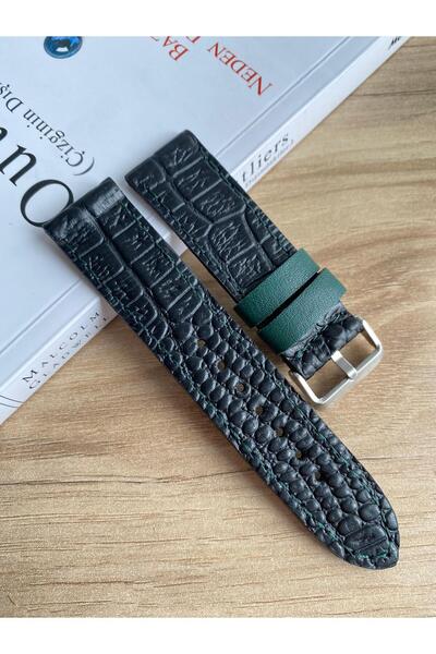 Prizma 22mm Siyah Croco Hakiki Deri Saat Kordonu. Yeşil Tasarım.