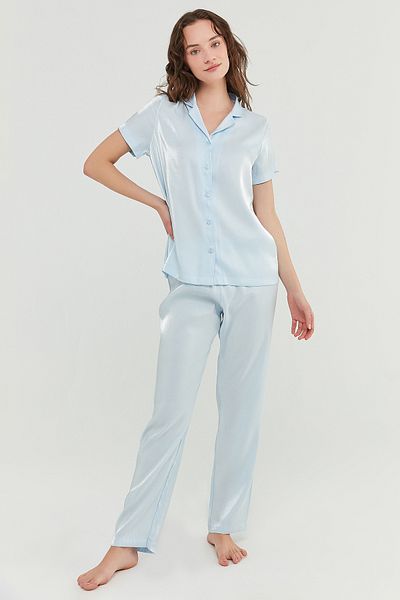 Penti Set de pijamale din cămașă și pantaloni din satin albastru deschis Sky