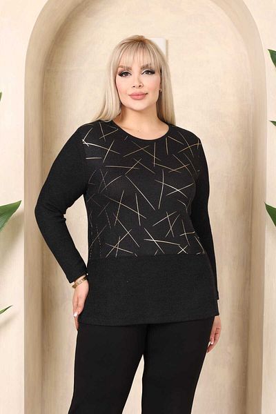 Şans Women's Large Size Black Bike Collar Front Detailed Long Sleeve Blouse 65N38437
