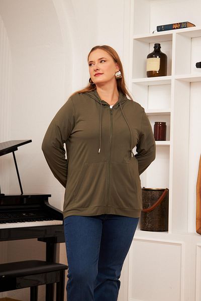RMG Khaki Color Large Size Modal Sweatshirt Cardigan