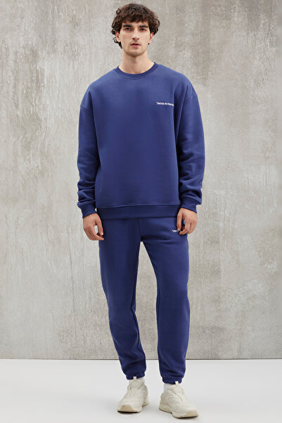 GRIMELANGE Ανδρικό φούτερ Rairok Comfort Oversize με κέντημα Navy Blue με Fleece εσωτερικά