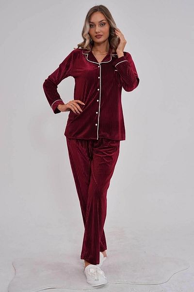 Mecit Pijama Set de pijamale cu mânecă lungă, guler de cămașă, cu nasturi, din catifea