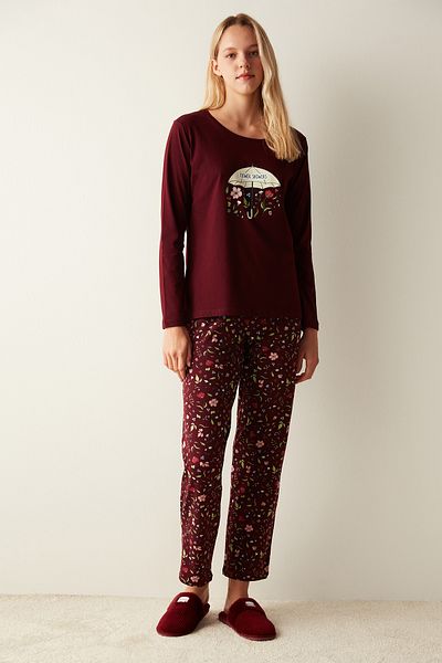 Penti Set pijama roșu claret cu modele florale