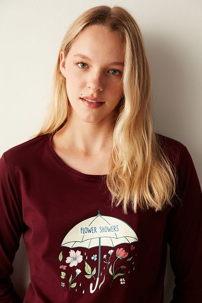 Penti Set pijama roșu claret cu modele florale