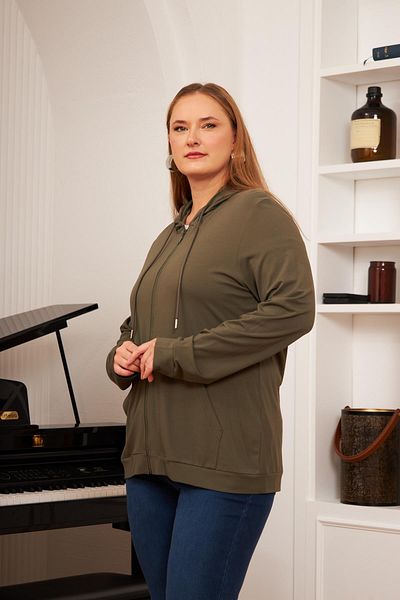 RMG Khaki Color Large Size Modal Sweatshirt Cardigan