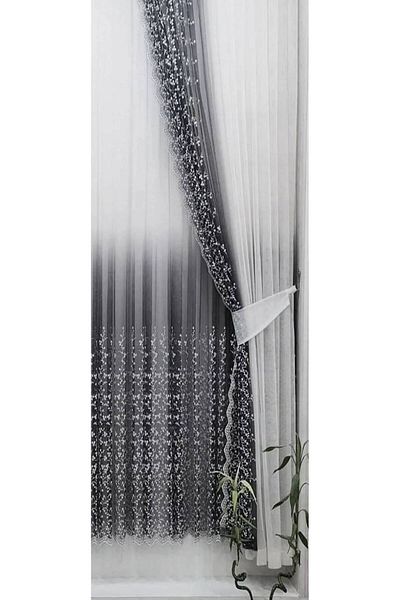farbateks Anthracite Gray Daisy Gradient Tulle Background Curtain - Right Skirt
