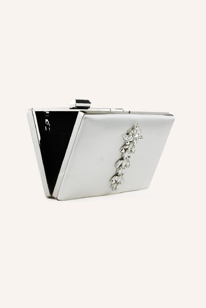 GUİZA Women's Evening Dress Bag Silver Satin Crystal Stone