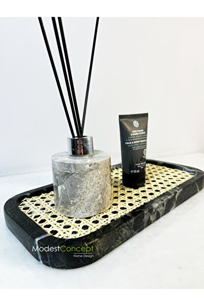 Modestmar Doğal Siyah Mermer Sunum Tabağı, Servis Tabağı Oval Kenar Rattan De...