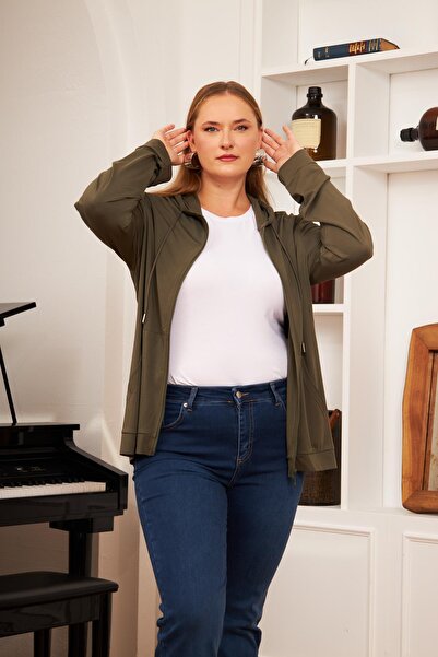 RMG Khaki Color Large Size Modal Sweatshirt Cardigan