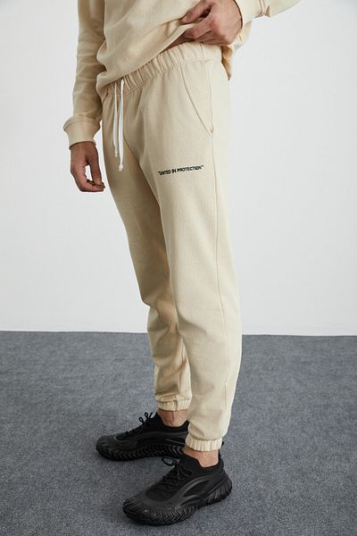 GRIMELANGE Darrıt Men's Organic Fabric Fleece Inside Text Embroidered Jogger Vanilla Sweatpants