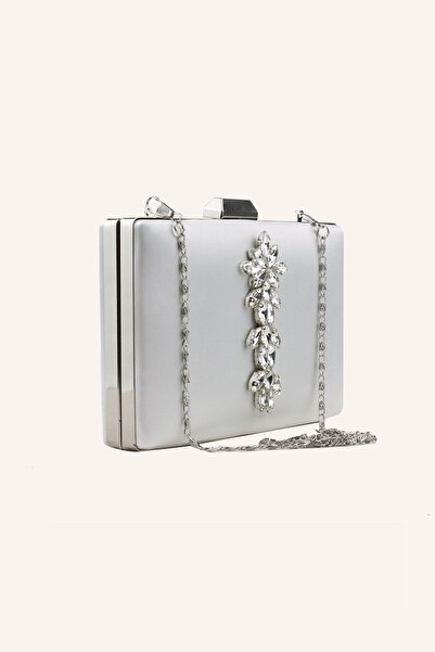 GUİZA Silver Satin Women's Evening Dress Bag - Crystal Stone Detail