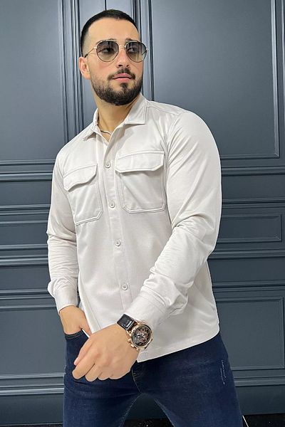MİSHAR İTALİA Μπεζ ανδρικό μακρυμάνικο πουκάμισο με διπλή τσέπη