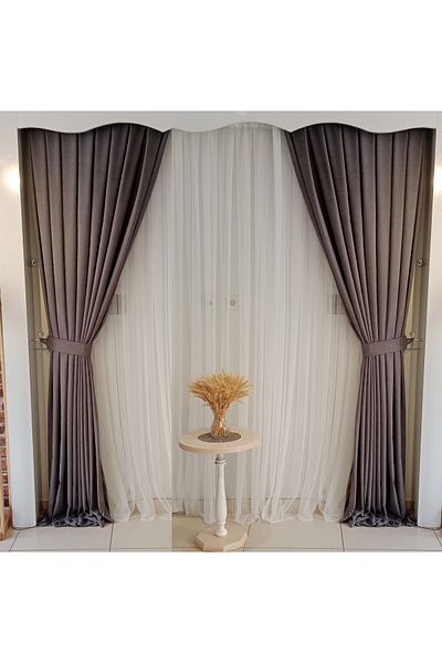 FİGENSİ Grey Color Background Velvet Curtain Double Wing 1/3 Close Pleated Planting V-44