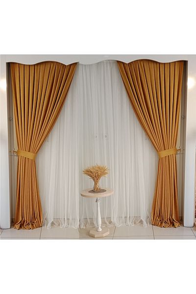FİGENSİ Dark Mustard Velvet Curtain - Double Wing, 1/3 Close Pleated Planting V-17