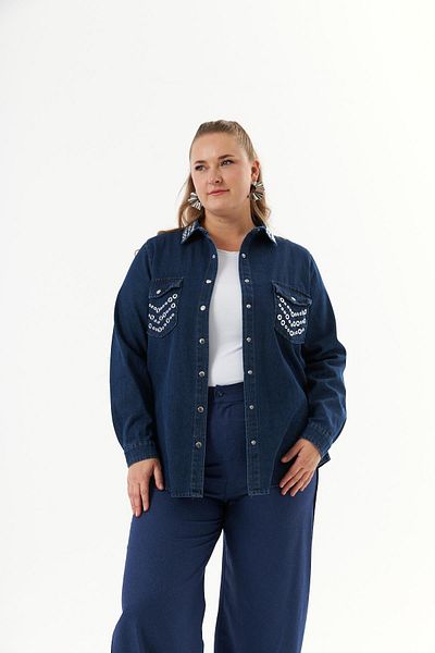 RMG Blue Denim Shirt - Plus Size, Collar and Pocket Accessories