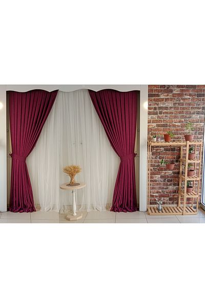 FİGENSİ Wine Color Color Background Velvet Curtain Double Wing 1/3 Close Pleated Planting V-37