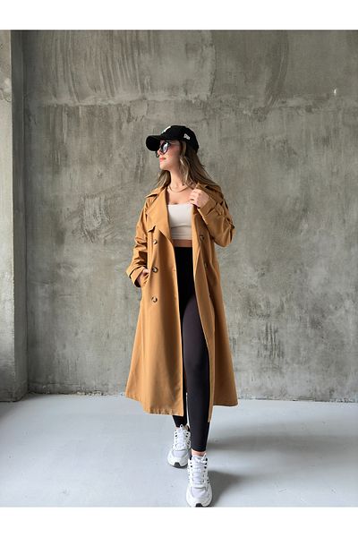 Asfa Moda Women's Tan Double Breasted Buttoned Belted Waist Tied Long Trench Coat with Sleeve Belt