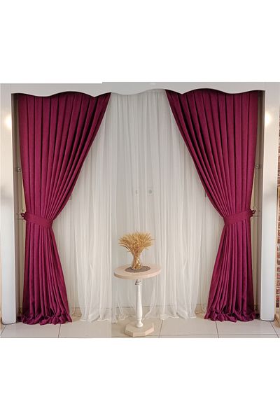 FİGENSİ Wine Color Color Background Velvet Curtain Double Wing 1/3 Close Pleated Planting V-37