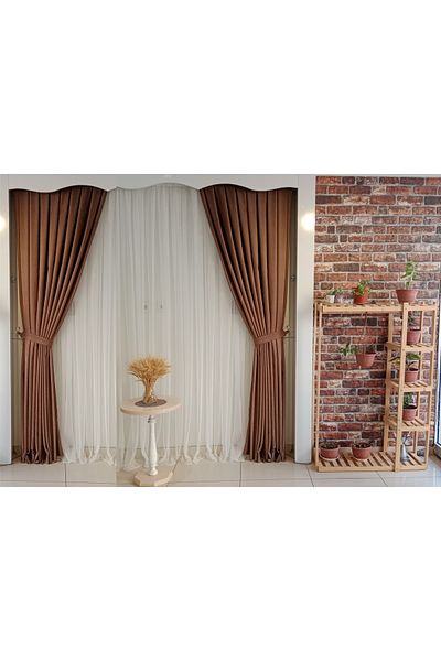 FİGENSİ Medium Brown Color Background Velvet Curtain Double Wing 1/3 Close Pleated Planting V-11