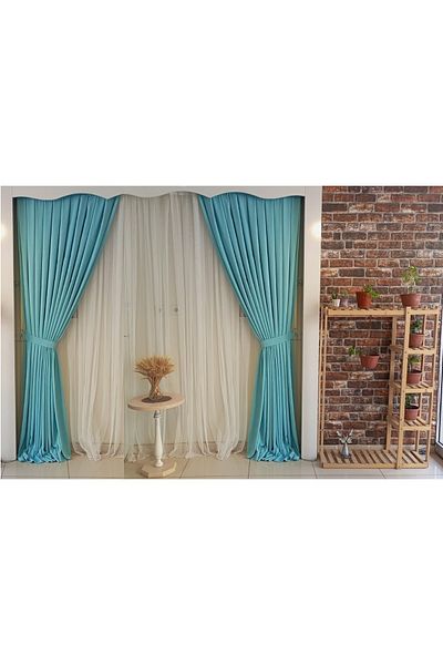 FİGENSİ Turquoise Color Background Velvet Curtain Double Wing 1/3 Close Pleated Planting V-22
