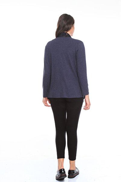 Zer Otantik Chiffon Shawl Collar Large Size Cardigan with Pockets Navy Blue