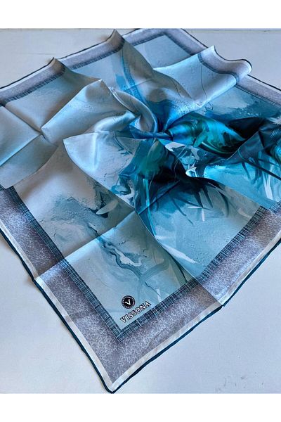 Vissona Γυναικείο Twill Silk Φουλάρι Τυρκουάζ/κρέμα