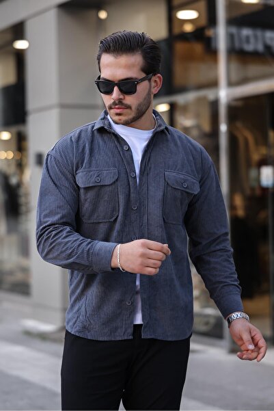 Valiberta Cămașă din catifea pentru bărbați - Buzunar dublu, nervurat, afumat