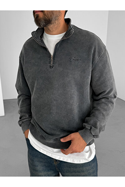 BYBASICMAN Anthracite Forever Embroidered Half Zip Sweat Pm-148