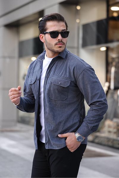 Valiberta قميص رجالي مخملي - جيب مزدوج، مضلع، مدخن