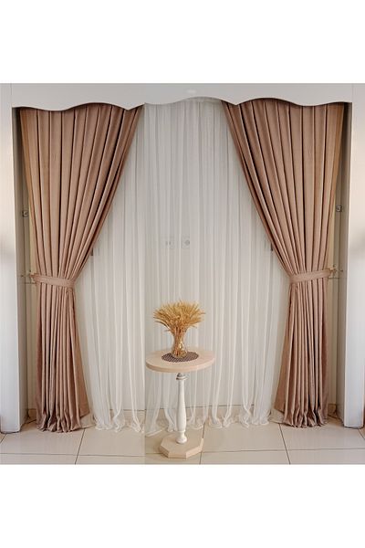 FİGENSİ Bronze ColorFon Velvet Curtain Double Wing 1/3 Close Pleated Planting V-08
