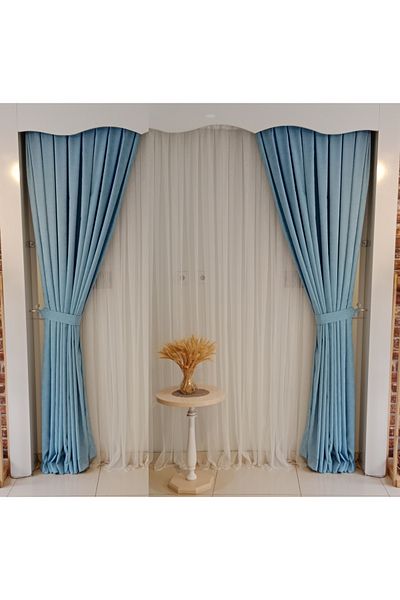FİGENSİ Baby Blue Velvet Curtain - Double Wings, Close Pleated, V-32 Model