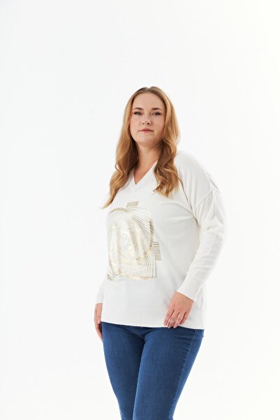 RMG Πλεκτό πουλόβερ με λαιμόκοψη V με σχέδιο κασμίρ - εκρού