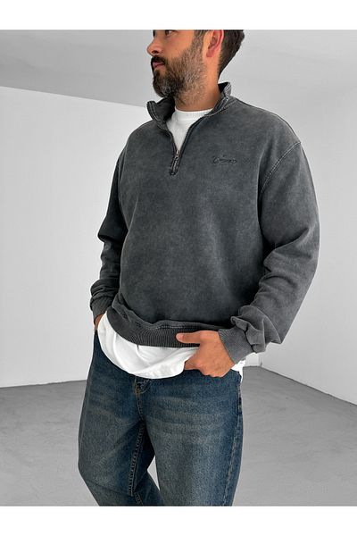 BYBASICMAN Anthracite Forever Embroidered Half Zip Sweat Pm-148