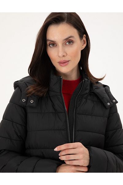 Pierre Cardin Black Hooded Quilted Long Coat 50297299-Vr046