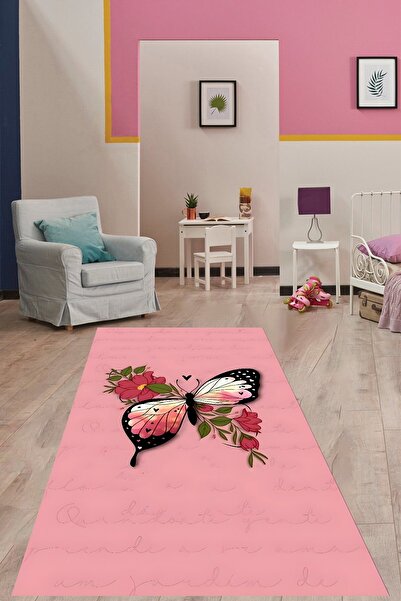 on the clouds Pembe Zemin Çiçek Desenli Kelebek Yıkanabilir Kaymaz Taban Leke Tutmaz Çocuk Odası Halısı