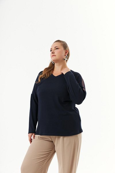 RMG Large Size Shoulder and Back Stone Detail Knitted Blouse Navy Blue