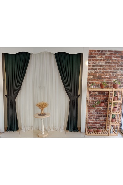 FİGENSİ Yeşil Renk Fon Kadife Perde Çift Kanat 1/3 Sık Pileli Dikim V-20