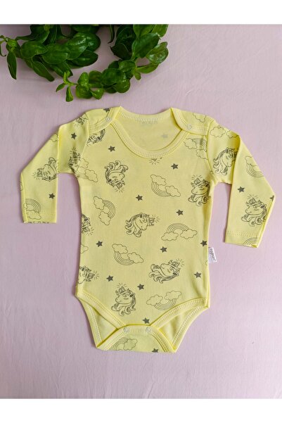 minilkabebe uzun kol unıcorn desen kız bebek çıtçıtlı body sarı
