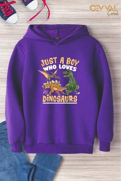 Cevval Dinozor Printed Hooded Oversize Children's Sweat Shirt