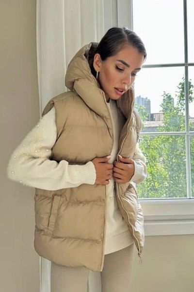 Ded COLLECTION Women's Comfortable Long Length Zipper Detailed Hooded Puffer Vest with Pockets