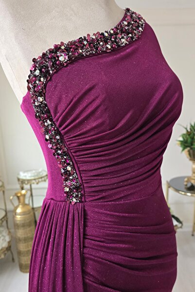 Yonca Moda Evi MÜRDÜM TEK KOL SİMLİ TÜL ELBİSE 19756