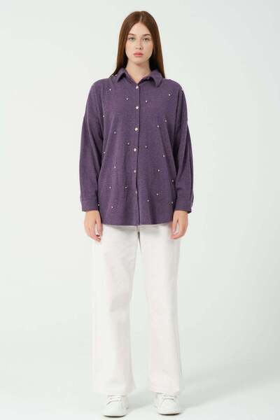 Hatun Atila HatunAtila Pırlanta İşlemeli Oversize Triko Gömlek 8699