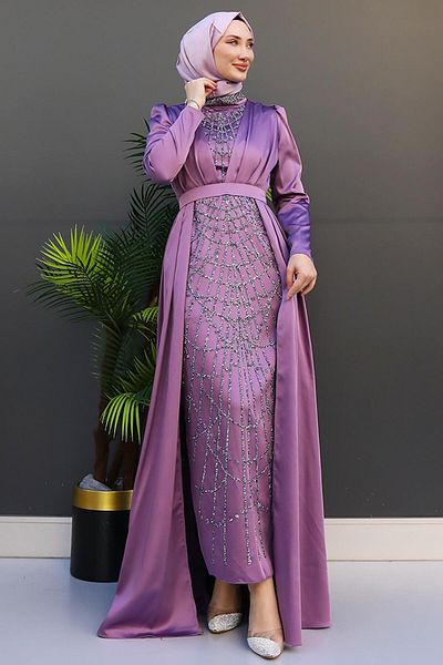GİZ AGİYİM Lilac Embroidered Cloak Evening Dress