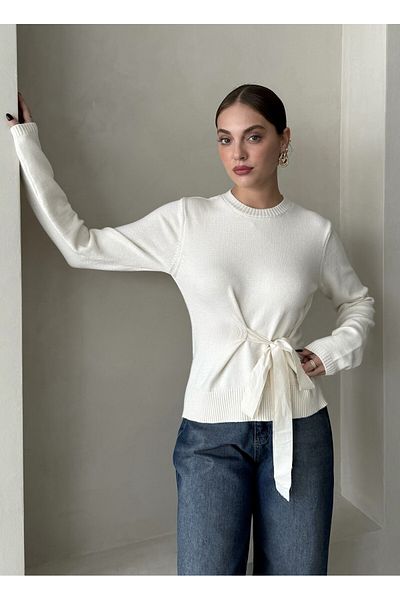 Laluvia Ecru Miusa Front Tie Design Pullover-4507