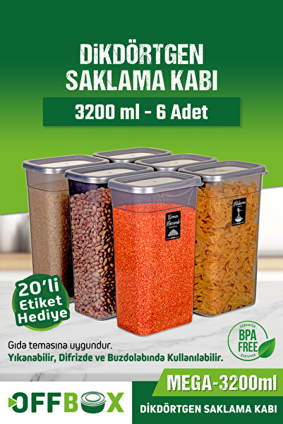 OFFBOX 6 Adet 12 Parça 3,2 Litre Mega Boy Dikdörtgen Erzak Bakliyat Saklama Kabı Seti 20 Etiket Hediyeli