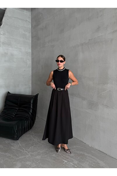 Laluvia Černá Yoda skládaná dlouhá sukně